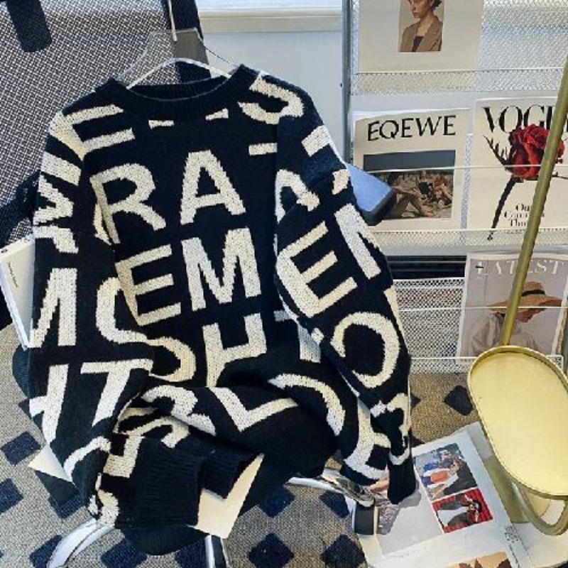 Letter jacquard outer sweater women's medium and long loose fashionable thickened warm knitted sweater
