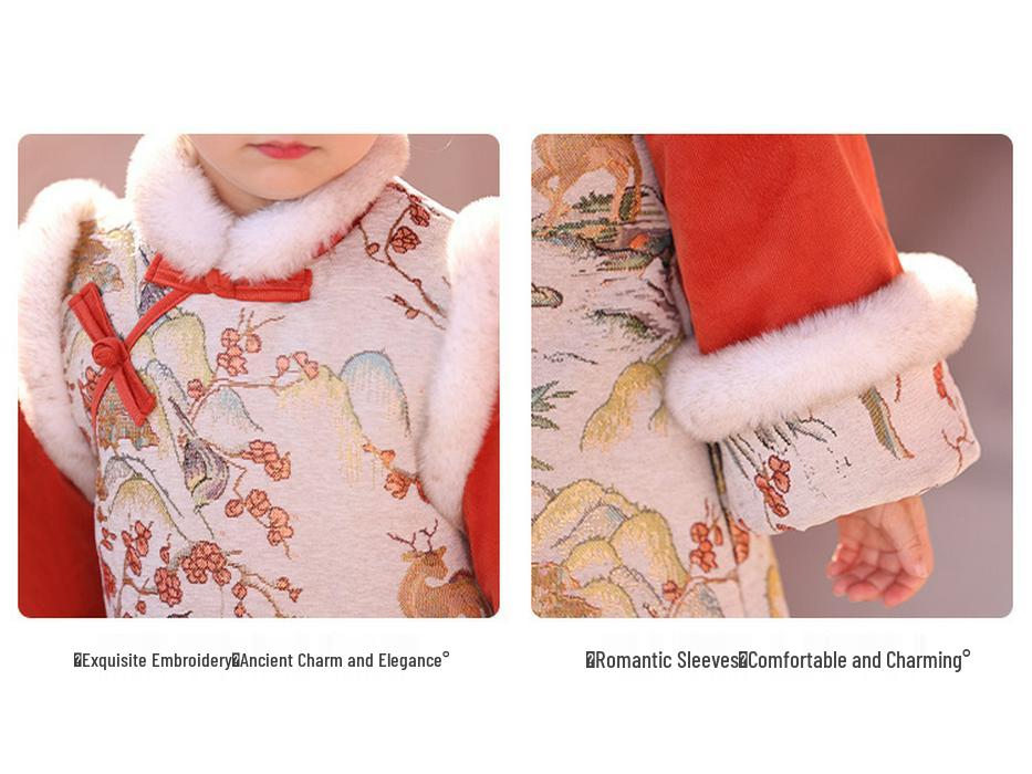 Girls' Winter Hanfu Cheongsam: Fleece-Lined Cotton Dress for Baby's First Birthday