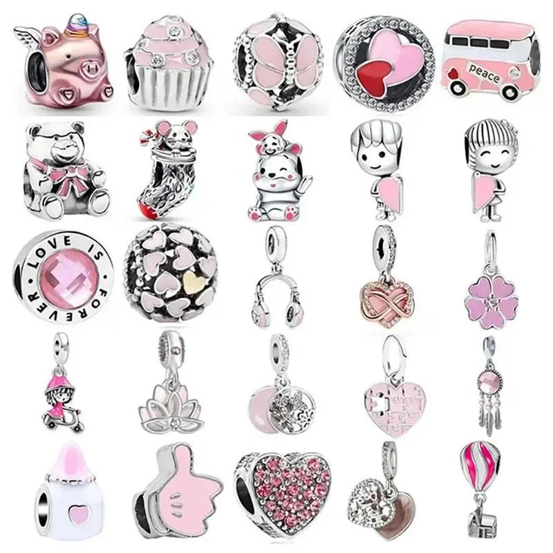 New Fashion Love Heart Bear Pig Butterfly Cake Pink Series Beads Fit Charms Bracelets Women DIY Jewelry Gift