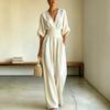 1116 Women's Summer European and American Women's Clothing V-Neck Waist Girdle Roll Sleeves Solid Color Wide Leg Jumpsuit