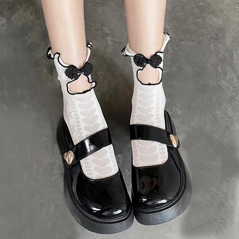 Women Spring and Summer Thin Retro Cheongsam Buckle Love Ear Lace Hollow Breathable In The Tube Pile Socks