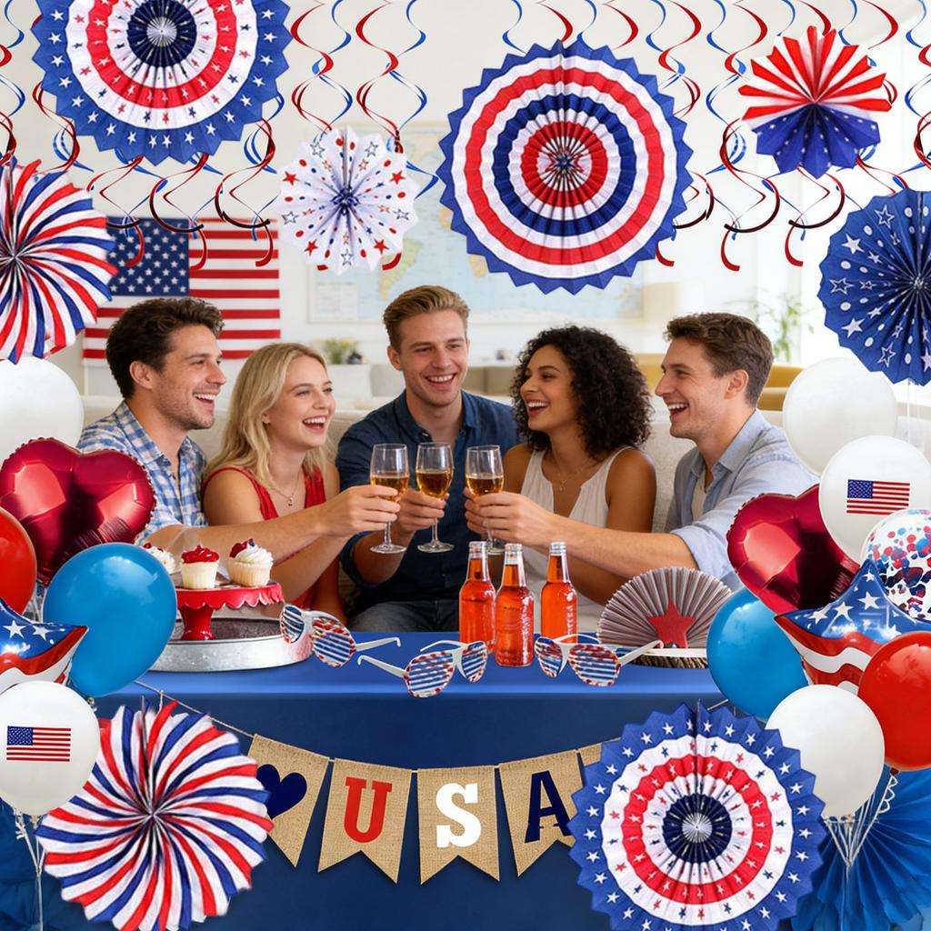 Patriotisches Party-Dekorationsset Amerikanische Flaggen-Ballons Papierfächer USA-Banner Sonnenbrillen für die Unabhängigkeitstag-Feier