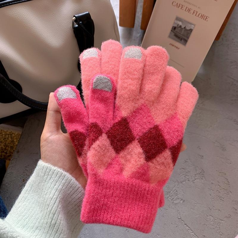 Cartoon Thermal Gloves Women Winter Thickened Cute Couple Student Cold Knitted Wool Riding Five Fingers
