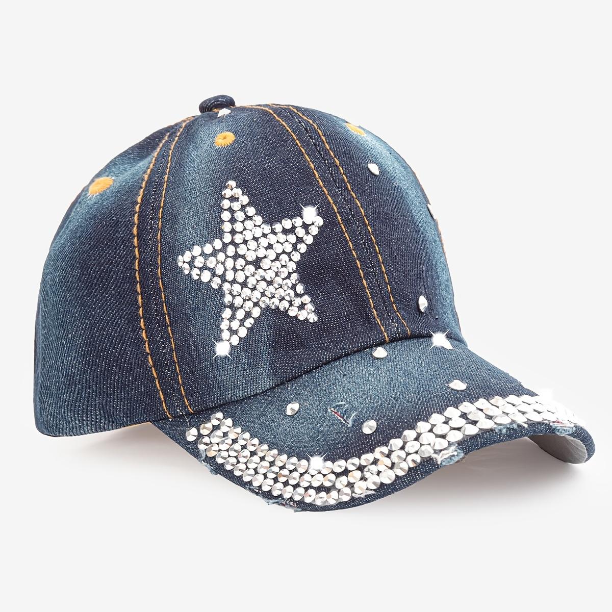 

Women s washed distressed baseball cap with sparkly rhinestone and star decorations outdoor sun hat синий