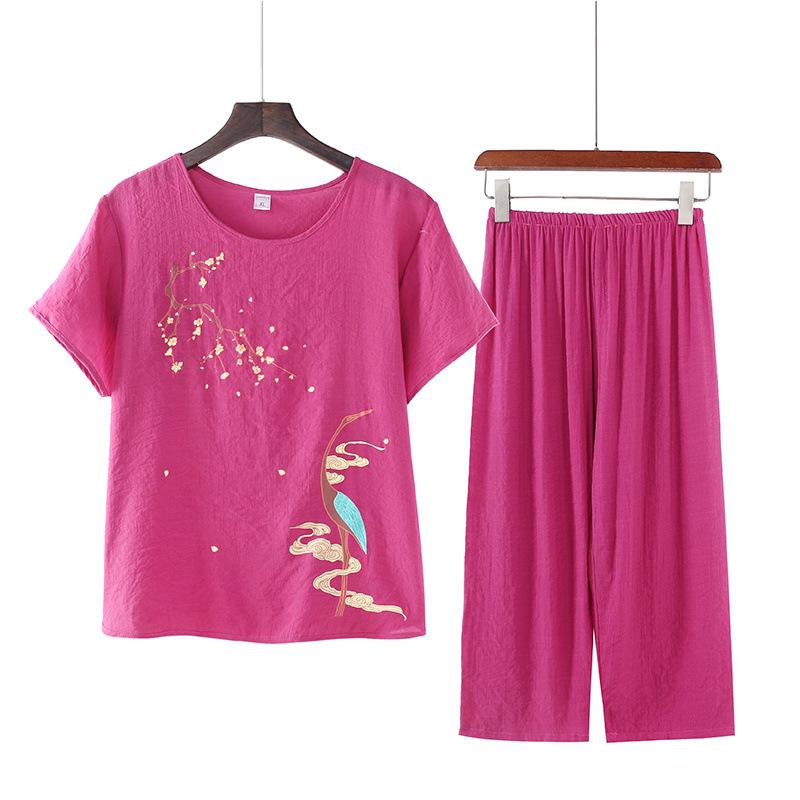Women's Summer Cotton Linen Short-Sleeved Two-Piece Set: Grandma Mom Pajama Top and Pants.