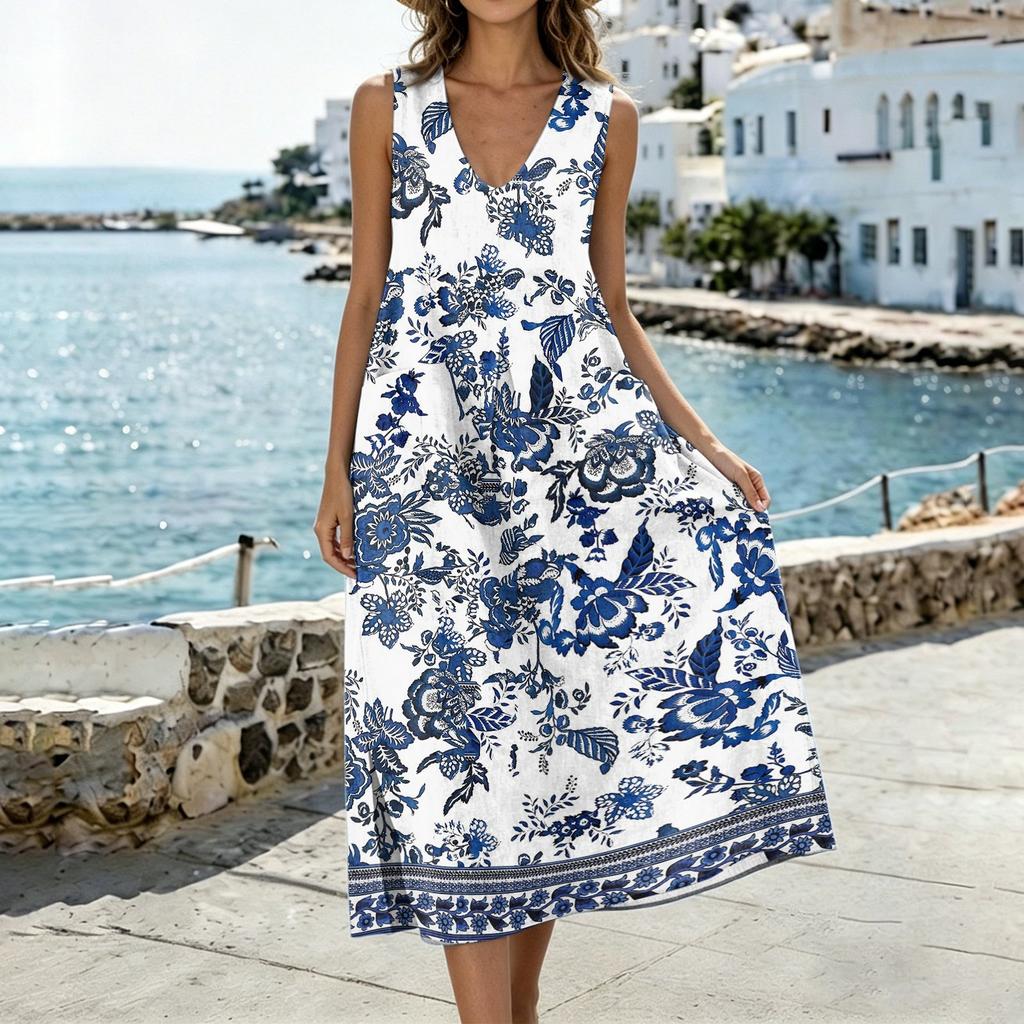 Women's Sleeveless U Neck Midi Dress with Pockets and Side Slits Cotton Linen Floral Print Casual Loose Fit Vest Dress