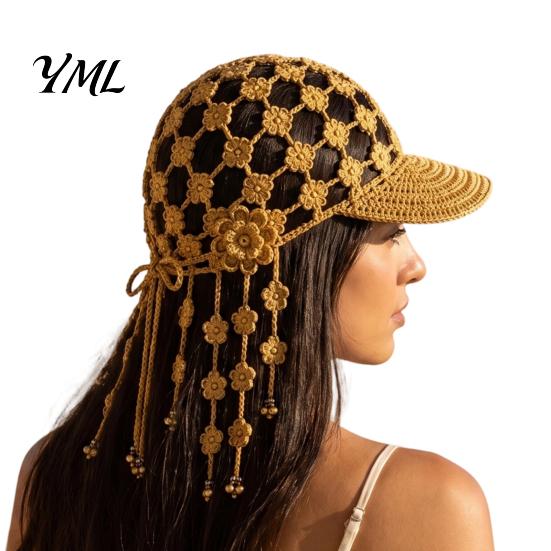 Travel Vacation Headwear Hand Crocheted Sunflower Baseball Cap, Bohemian Tassel Bell Hat, Handmade Knit Cutout Floral Unique Sun Hat Beanie