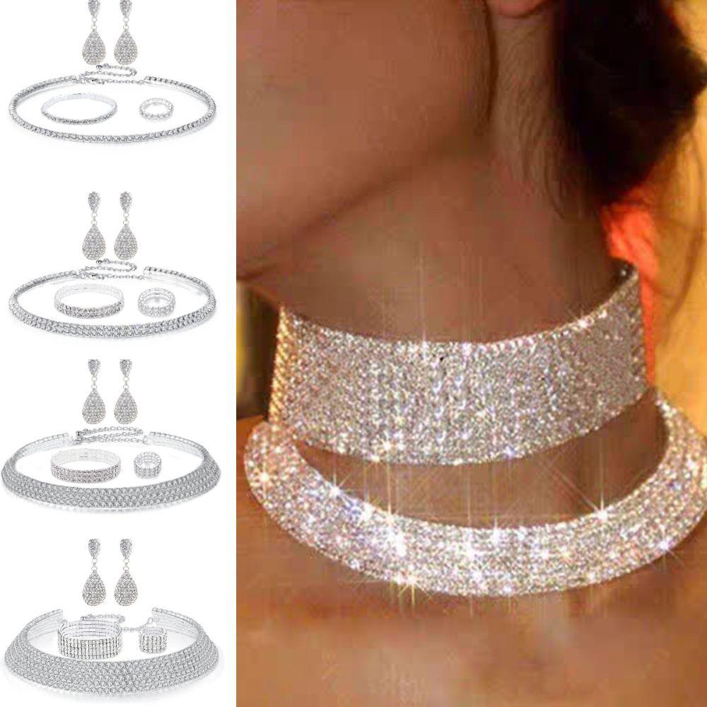 Luxury Necklace Bracelet Earring Ring Sets Shiny Rhinestone Choker Necklace  Bridal Party