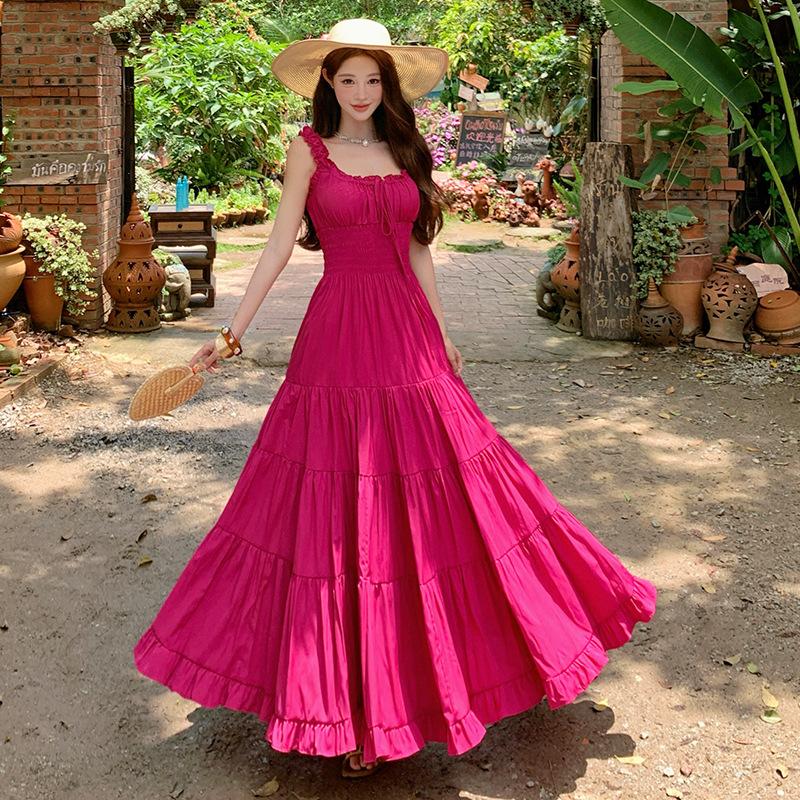 High-end Design Romantic Seaside Wear Pinch Waist Suspender Dress Women's Summer Sanya Travel Dress