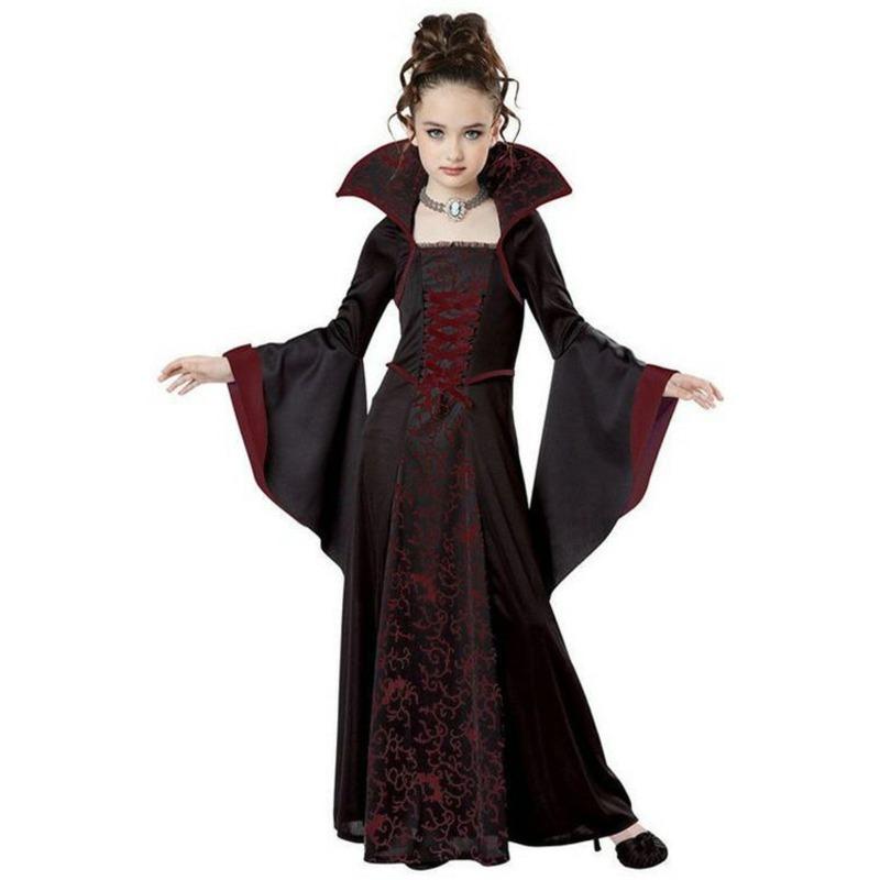 Neues Halloween-Kinderkostüm Hexenkostüm mittelalterlich retro Schnürkragen Hupenärmel bedrucktes Kleid