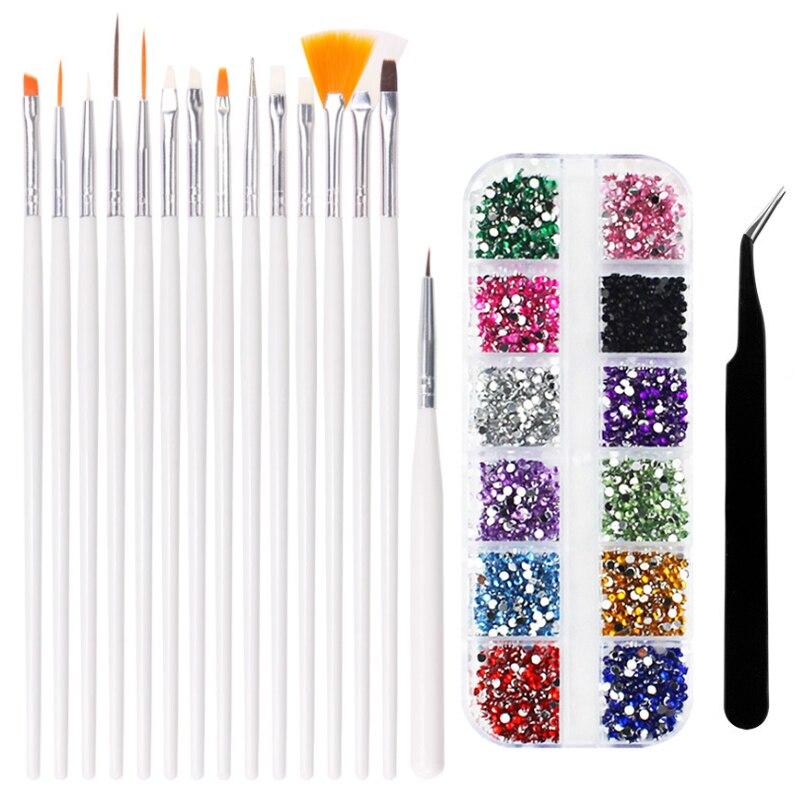 Juego de 17 Uds de Arte de uñas, diamantes de imitación con purpurina para uñas de 2mm + 15 Uds. De pinceles y pinzas curvas negras, herramienta para recoger accesorios de manicura