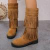 Comércio exterior novas botas de camurça europeias e americanas de camada dupla com franjas botas altas de cowboy de salto grosso com zíper lateral para mulheres