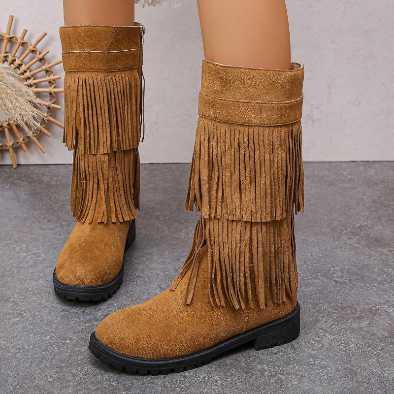 Comércio exterior novas botas de camurça europeias e americanas de camada dupla com franjas botas altas de cowboy de salto grosso com zíper lateral para mulheres