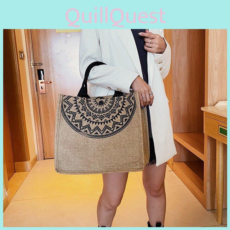 Printed Tote Flax Bag For Women Large Capacity Shoulder Bag With Commuter Casual