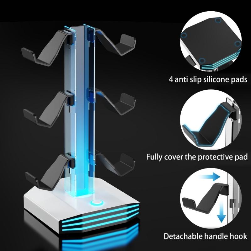 Universal Gaming Holder For Multiple Controllers And Sound Equipment Including Power Hubs