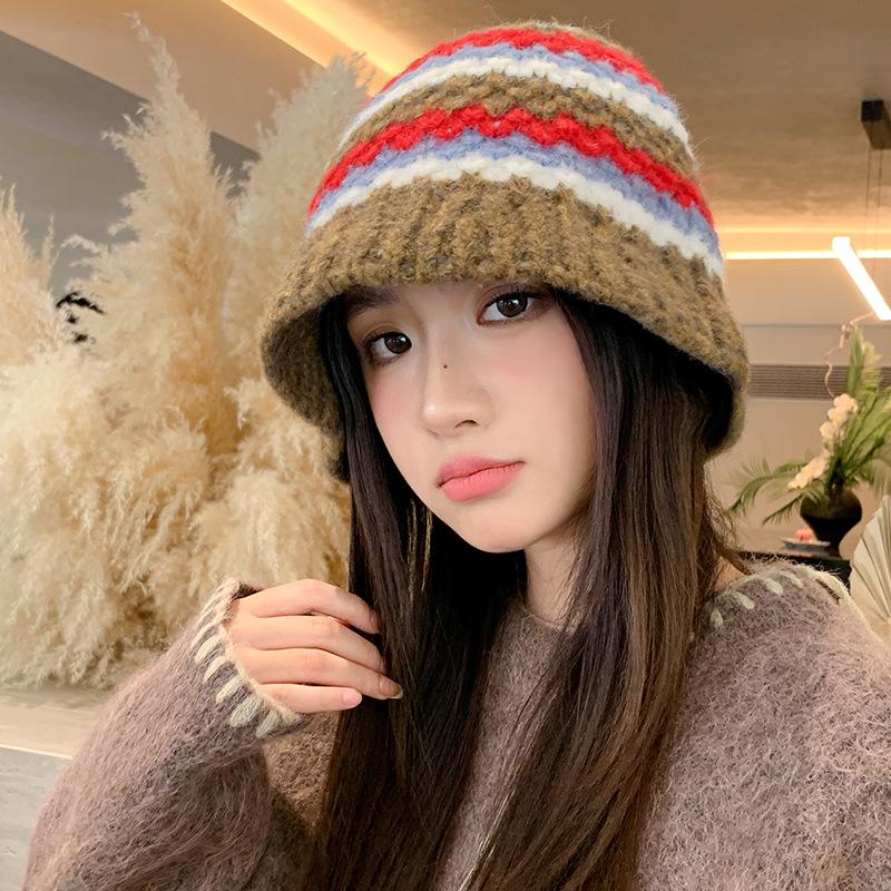 Versatile Color Blocked Knitted Fisherman Hat Korean Outdoor Windproof and Warm Wool Hat Casual Face Showing Small Basin Hat New