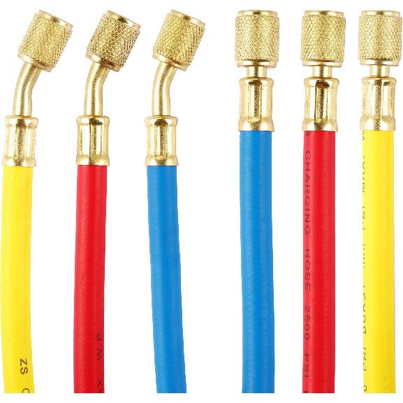 3 Pieces AC Manifold Gauge Hose Kit For R410A R22 R134A R404A, 1/4" Thread Automotive Air Condition Refrigerant R410A A/C Charging Hose With 5Ft