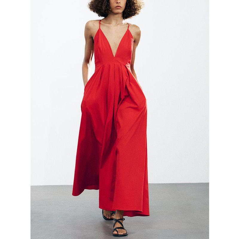 Spring and Summer Women's Clothing Sexy Style Cotton Blend Pleated Decoration Open Back V-neck Elegant Long Dress 2816653