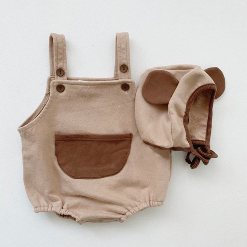 2021 Korean Ins Spring New Style Unisex Infant Baby Romper with Small Pockets and Suspenders