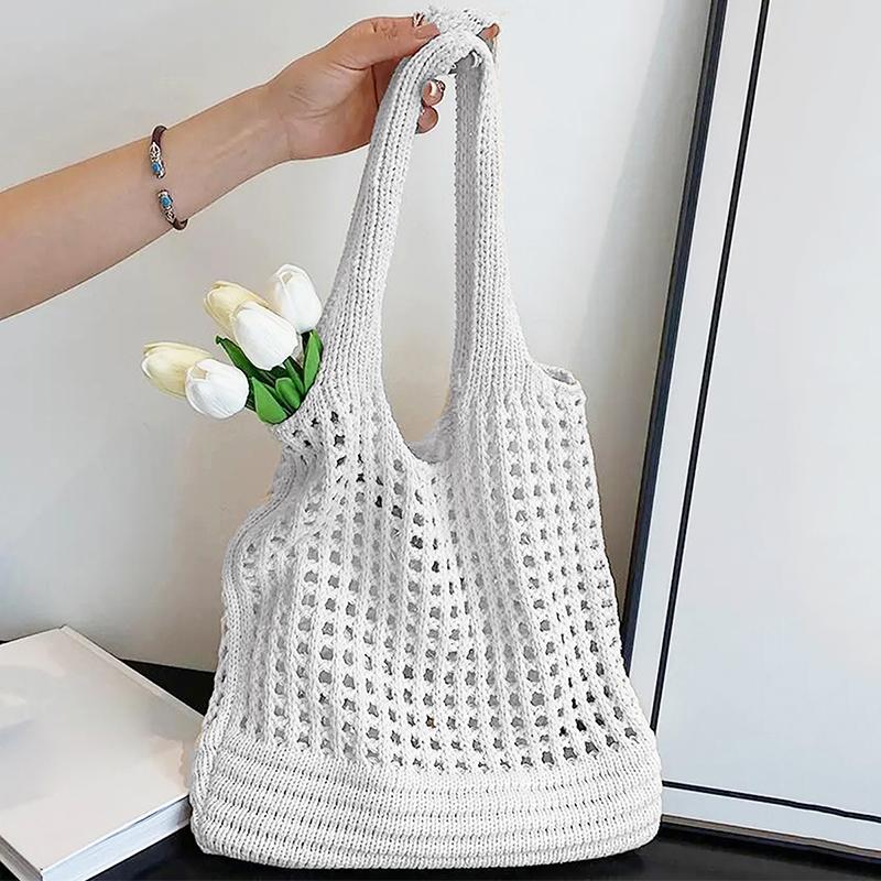 New Trend Women's Bag Crochet Handbag Retro Knitted Solid Color Hollow Top-handle Tote Bag Travel Shopper Shoulder Bag