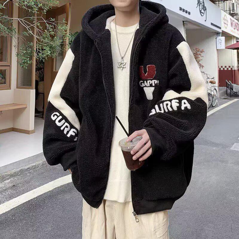 Men's Youth Lamb Plush Jacket - Warm, Thick, Hooded Cotton Coat for Teens and Students.