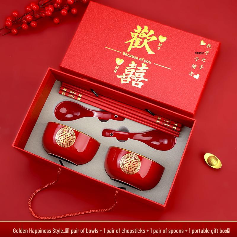 Wedding Gift Set: Double Happiness Bowls & Wine Red Ceramic Dinnerware for Brides