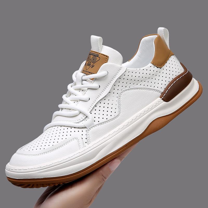 European Station Leather Men's Shoes Thick-soled Breathable Hollow Casual Hole Shoes Men's 2025 Spring New Little White Shoes Tide