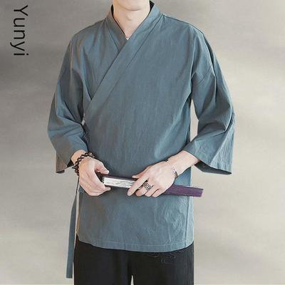 Giacca Hanfu Zen Buddista da Uomo: Maniche a tre quarti, Colletto obliquo, Stile estivo, Abbigliamento da tè cinese antico, Veste taoista in cotone e lino.