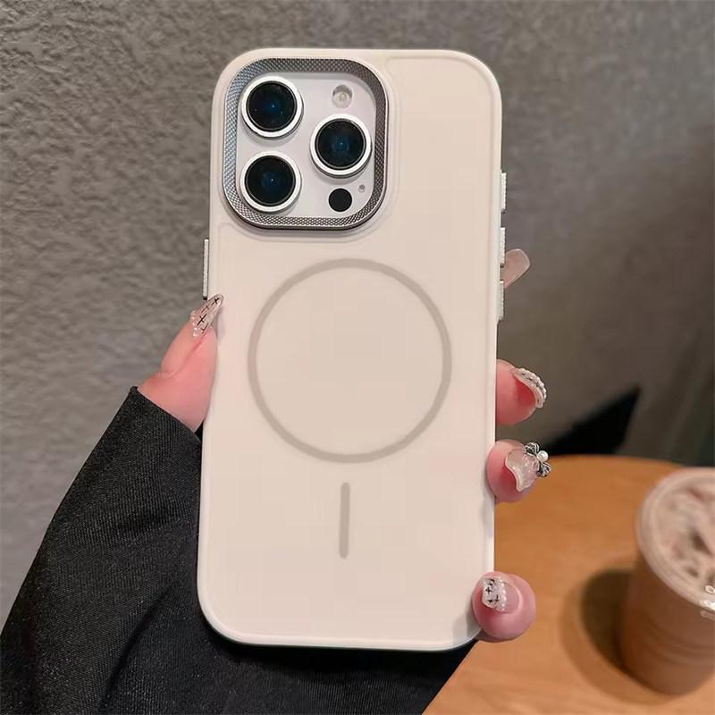 Metal lens frame magsafe charging phone case for iPhone 16 15 14 13 12 11 Pro Max magnetic liquid silicon back cover