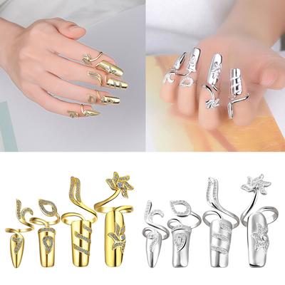 Pack of 4 Elegant Open Adjustable Zircons Nail Rings Rhinestones Fingertip Rings Jewelry Fingernail Protective Covers