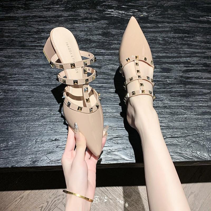 Fashion Studded Pointed Toe Patent Leather Block Heel High Heels 2025 Summer New Women's Shoes Half Slippers