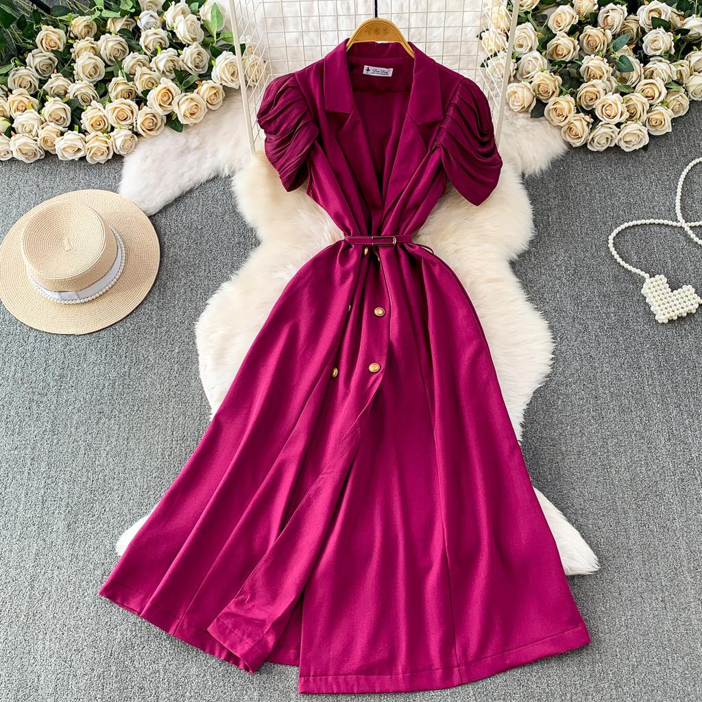 British style celebrity high-end temperament suit collar stack sleeve dress women's spring and autumn metal buckle waist medium and long dress