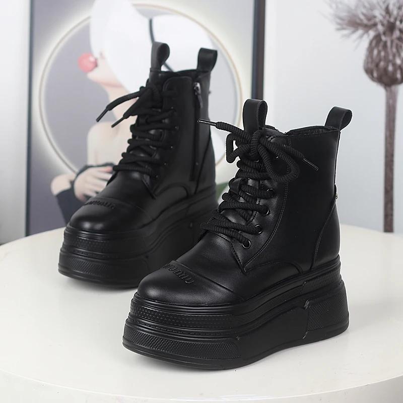 Fashion 12CM Cow Genuine Leather Spring Women Autumn British Motorcycle Fashion Ankle Boots Platform Wedge Flats Slip On Shoes
