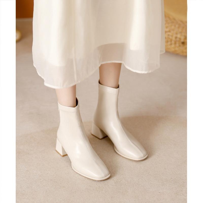 2025 new thick heel short boots women's French square head spring and autumn single boots fashion medium tube thin boots black high heel boots