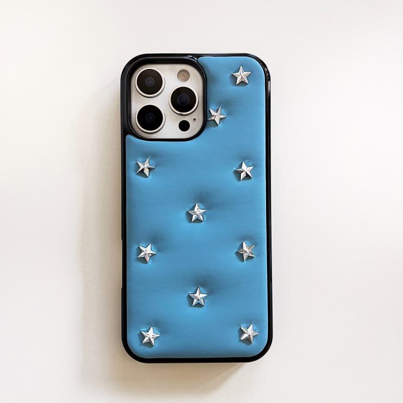 Cool Black Leather 3D Star Phone Case with Lanyard for iPhone 14/15/16 Pro/Pro Max