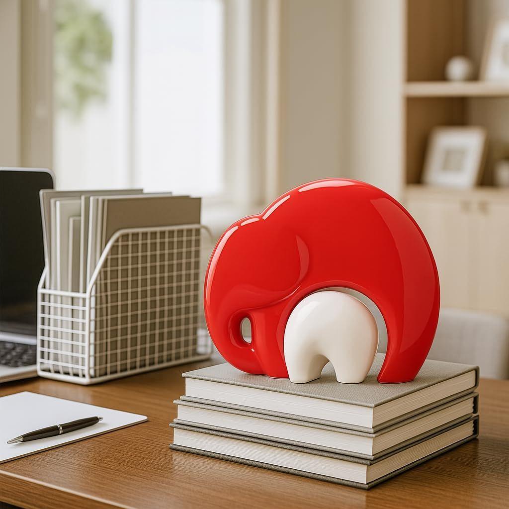 Home Décor Lucky Charm Elephant Mother and Kid Set | Piano Finish Ceramic Figures - (Set of 2 Piece, Red White)