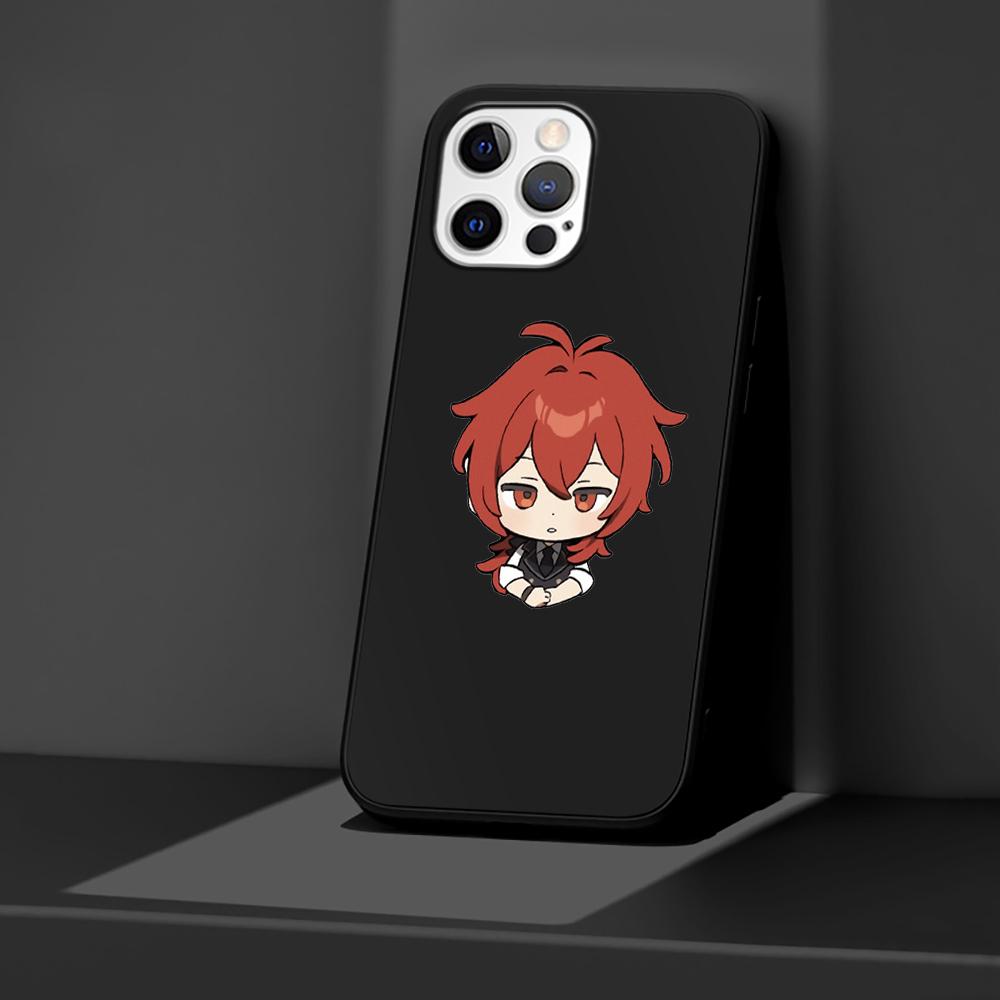 Phone Case for Apple iPhone 14 11 13 Pro Max 12 Mini XR 7 8 + SE 2020 XS 6 6s Plus 5 5s Genshin Impact Cute Silicone Black Cover