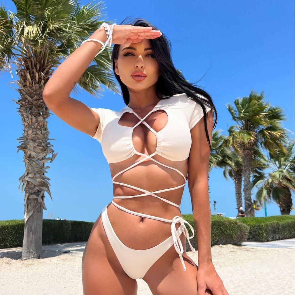 2025 Tie-Up Striped Cutout Drawstring Bikini Set - European & American Style