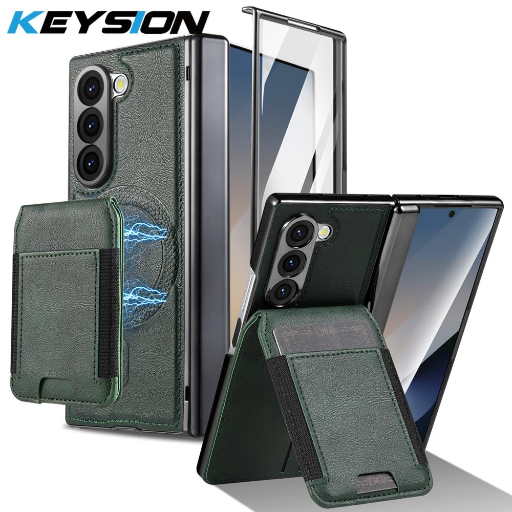 KEYSION PU Leather Phone Case for Samsung Galaxy Z Fold 7 6 5 4 3 Shockproof Cover With Magnetic Card Holder Bag Hinge Screen Protector