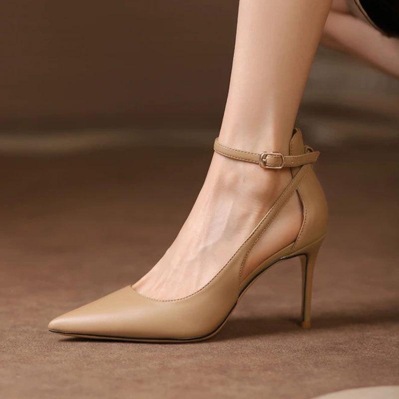 

2025 весна новые популярные одинарные туфли с открытым верхом женские туфли телесного цвета с острым носком на тонком каблуке элегантные с ремешком-пряжкой 40