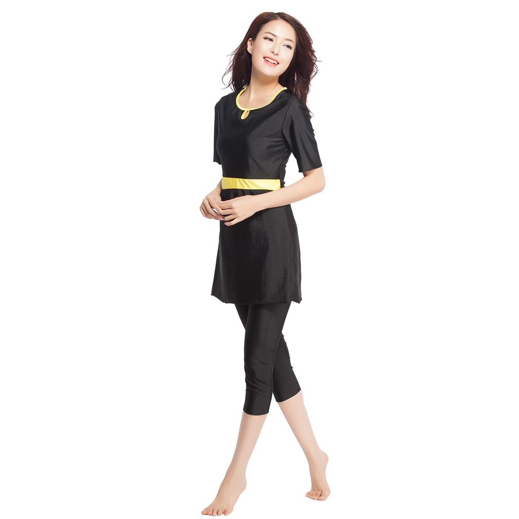 Muslimischer Badeanzug für Damen, muslimische Dame, traditionelle Kurzarm-Tops, Capri-Hosen, Damen-Patchwork, hochelastisch, islamische Strandmode, Damen-Badebekleidung