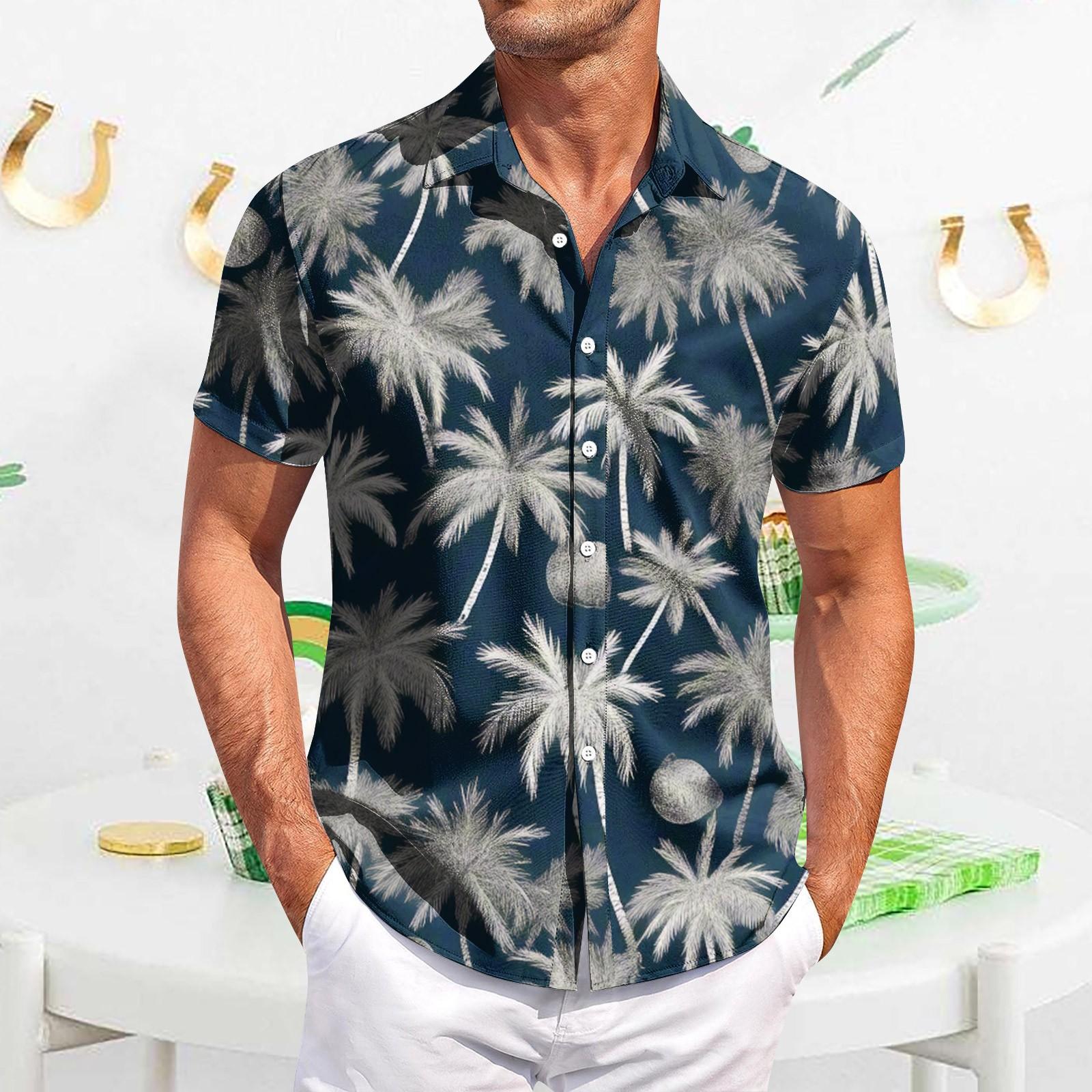 

Мужская повседневная рубашка с короткими рукавами, облегающая, стильная, с гавайским принтом L тёмно-синий