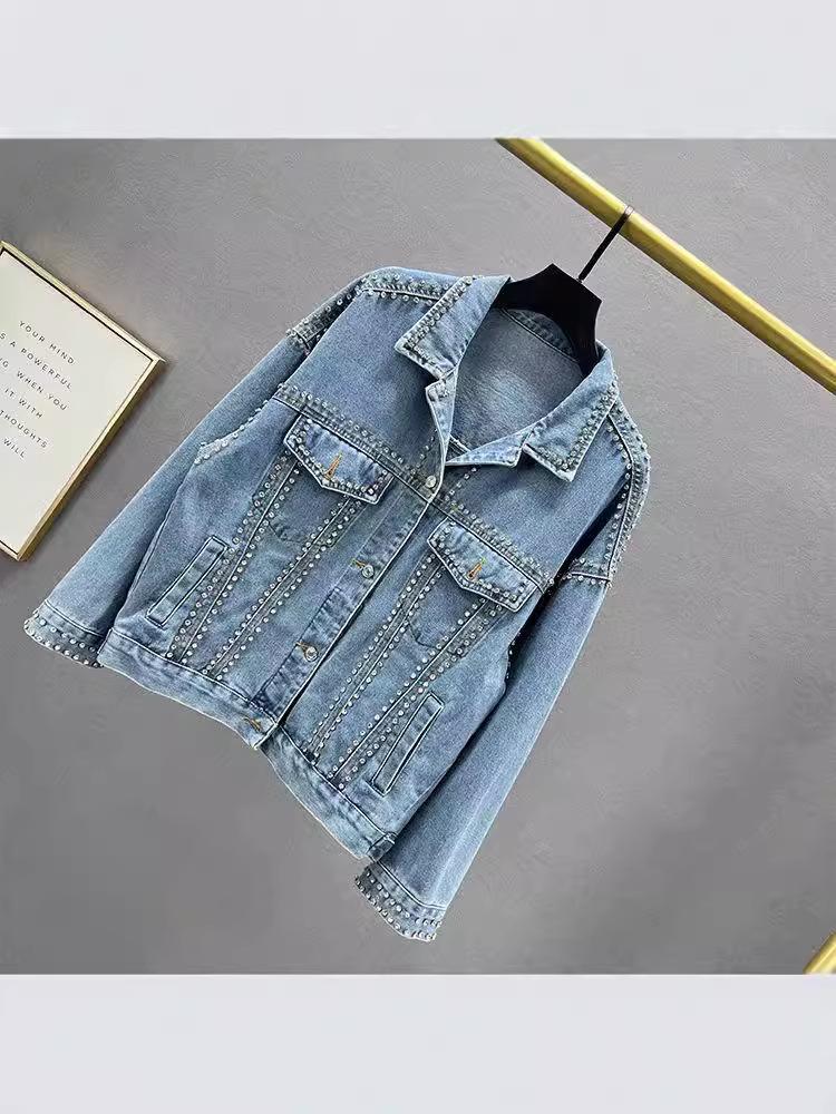 Women's European Style Blue Denim Jacket with Bead and Diamond Inlay, Loose Fit