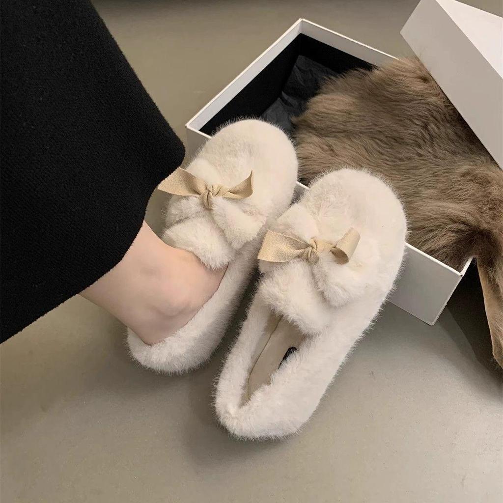 Women's Plush White Furry Fairy Shoes - Autumn/Winter Velvety Bean Style for Expecting Moms