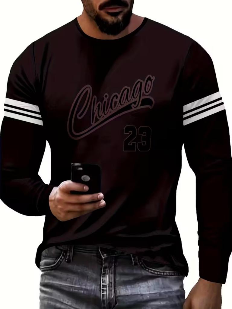 Mens T Shirt Los Angeles 3D Print Long Sleeve Autumn Striped Round Neck Outdoor Sports T-Shirt for Men Daily Men's Tops Clothing