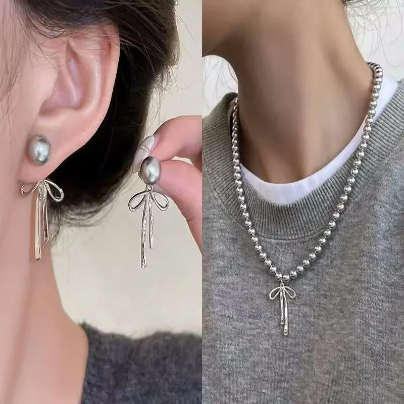 Pearls Bowknot Gray Tie Pendant Earrings Necklace for Women Girls Graceful Butterfly Choker Chain  Gift Accessories Gifts