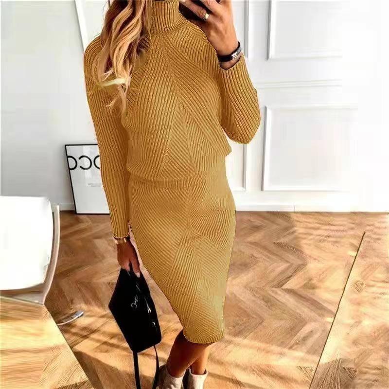 Herbst frauen Stricken Kostüm Rollkragen Einfarbig Pullover Pullover + Schlank Rock Zwei-Stück Set