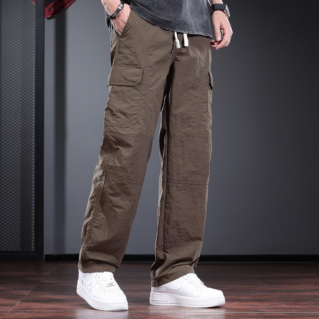 Outdoor Woven Tooling Casual Pants Men's Summer Waterproof Charging Straight-leg Pants Black Drawstring Loose Nylon Quick-drying Pants