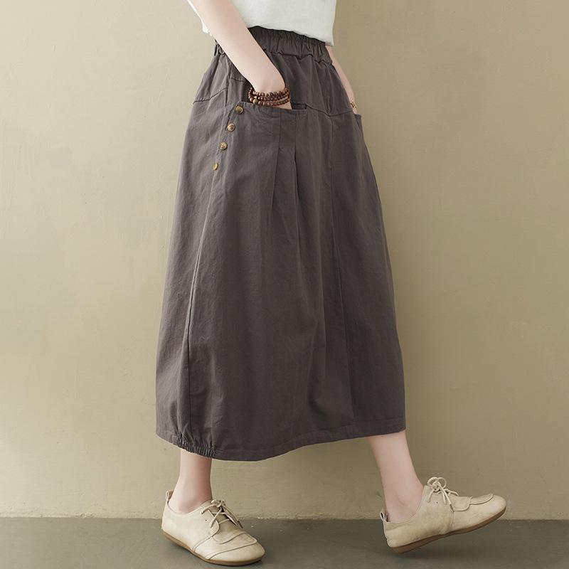 

2025 winter new temperament cotton and linen solid color skirt elastic waist pocket bud skirt medium and long A-shaped skirt one size fits all сірий колір