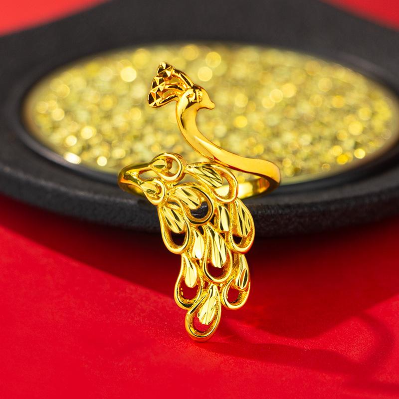 Same Style 9999 24K Real Gold Women'S Gold Ring With Adjustable Opening And Hollowed Out Peacock Exquisite Gift From The Gold St